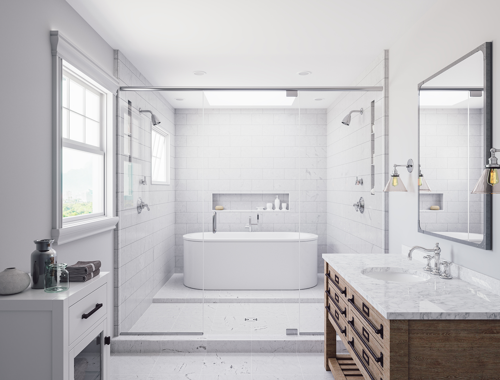 Modern bathroom with tub and glass shower.